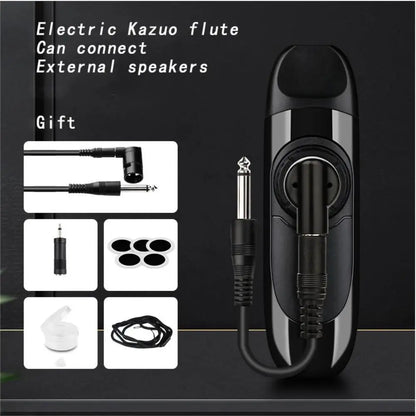 Black electronic kazoo musical flute with sleek metallic accents made of abs material ideal as woodwind music gift