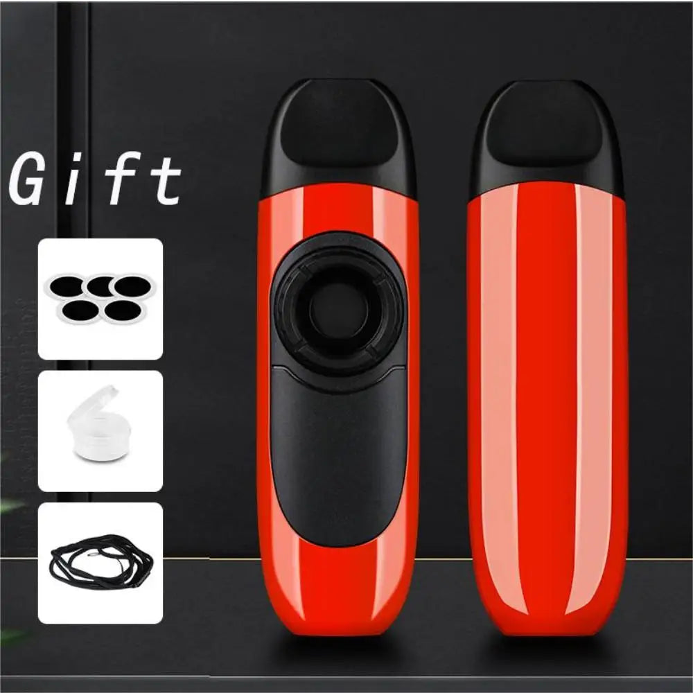 Red and black glossy vape pen displayed with electronic kazoo musicial learn easily orff woodwind music gift concept