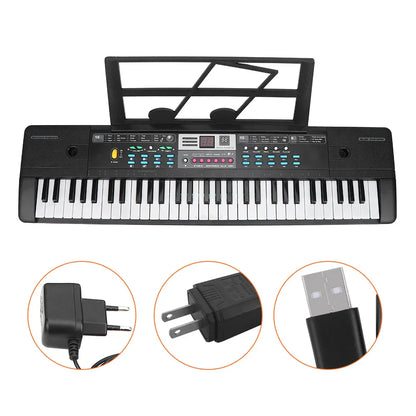 Black electronic keyboard with 61 piano keys colorful function buttons and built-in music stand for beginner microphone musical use