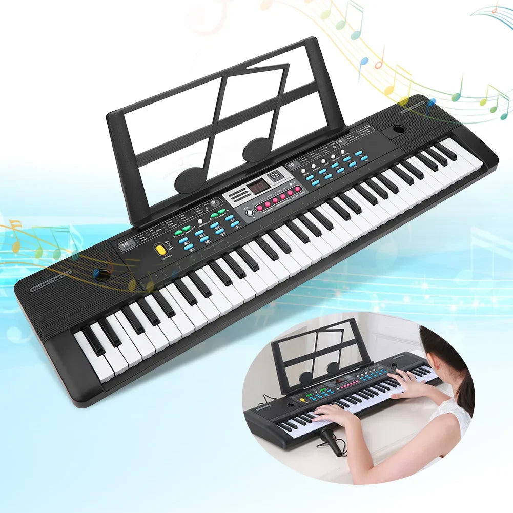 Black electronic keyboard with 61 piano keys children toy colorful function buttons and built-in music stand for beginners