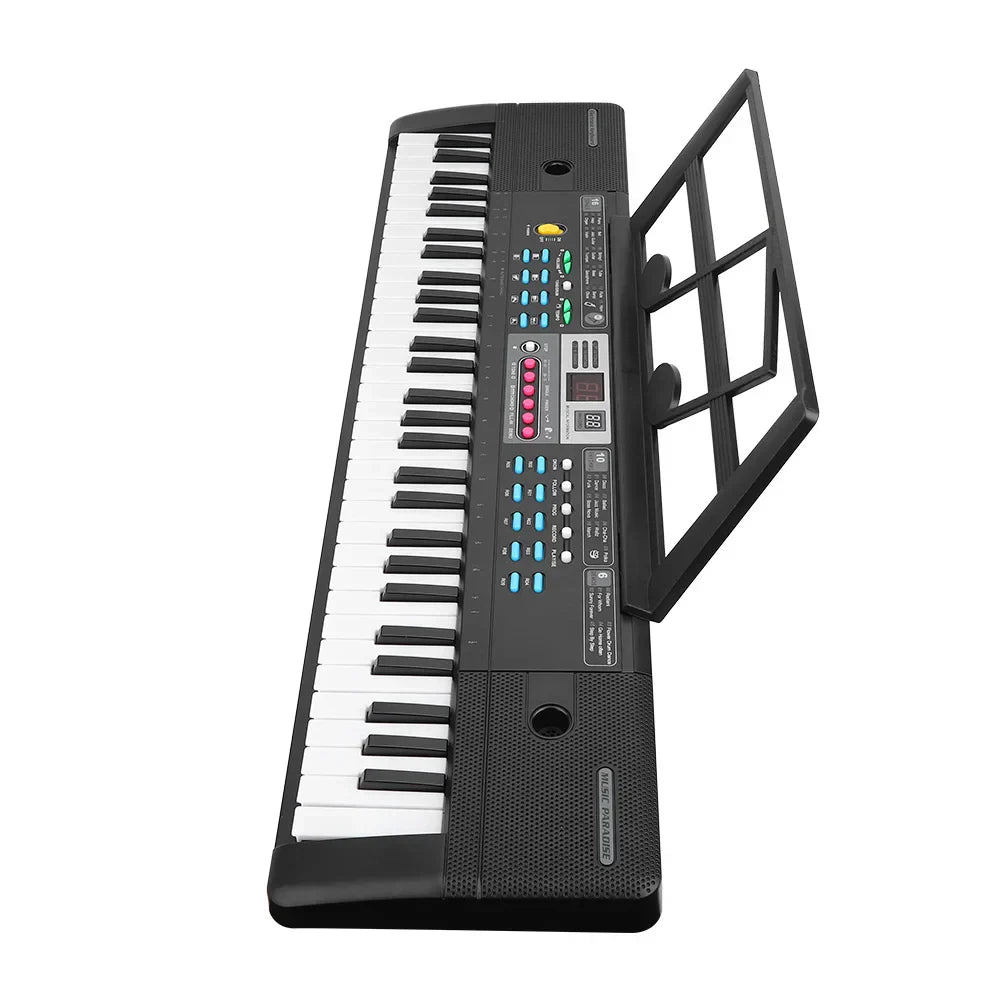 Black electronic keyboard with 61 piano keys children toys colorful function buttons and attached music stand for beginners