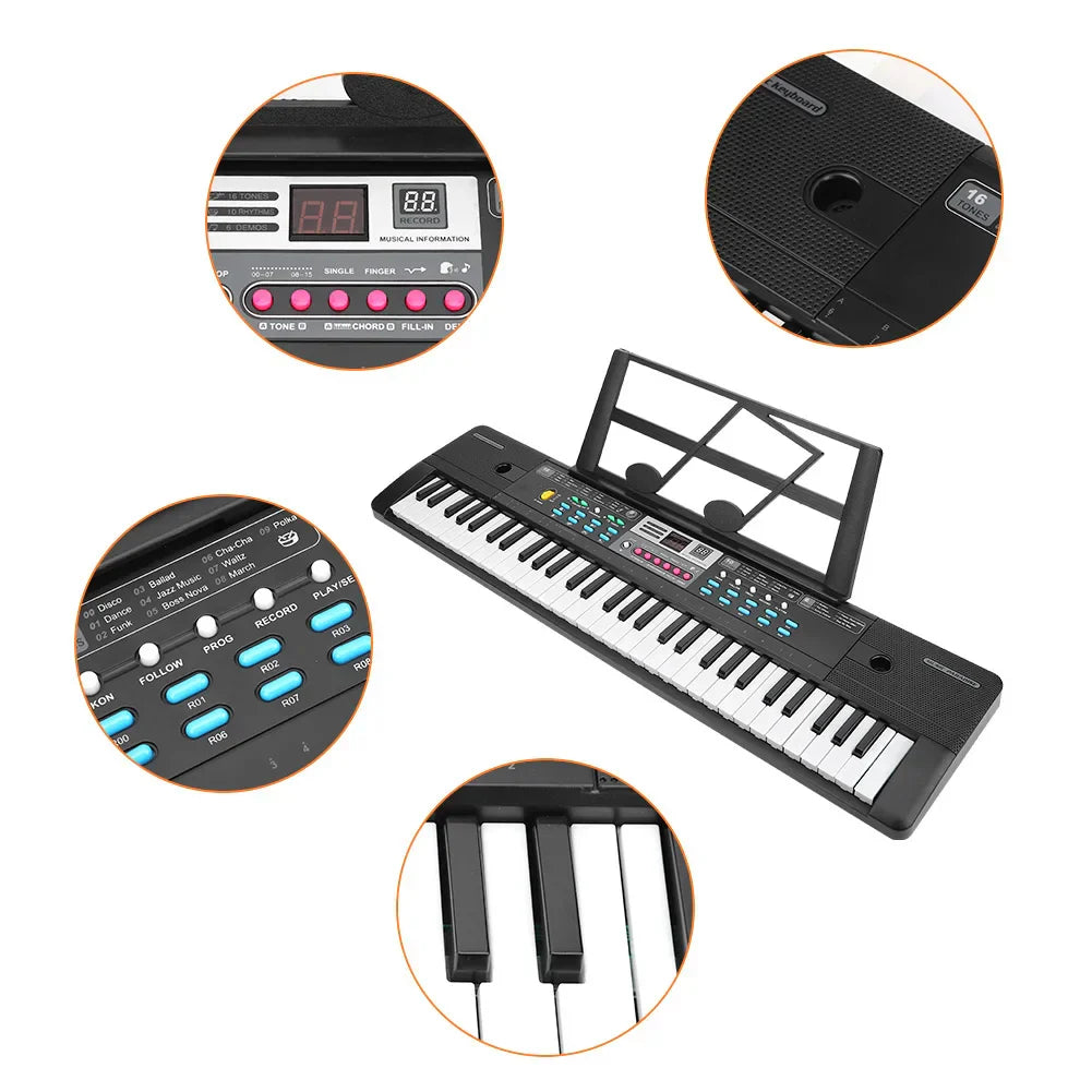 Black electronic keyboard with 61 piano keys children toy colorful buttons digital screen and beginner microphone musical use