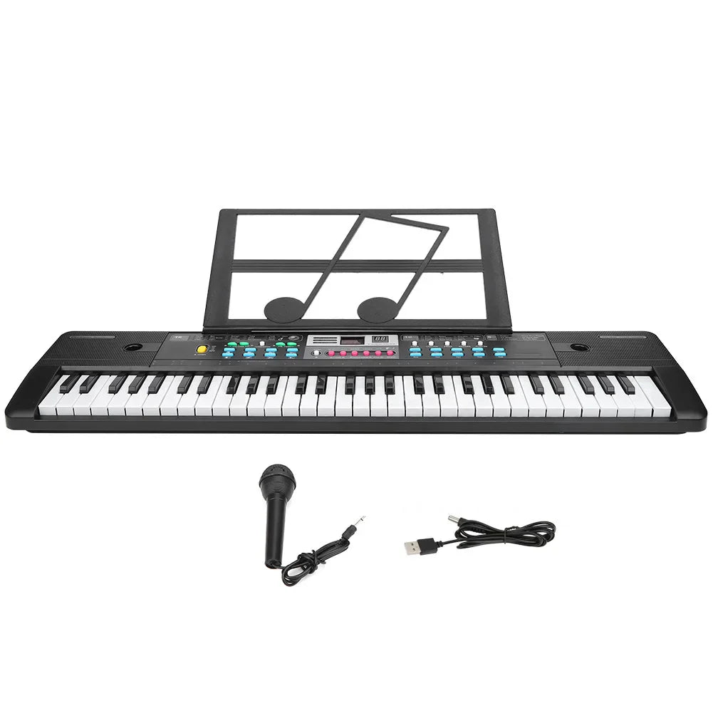 Black electronic keyboard with 61 piano keys children toy beginner microphone musical instrument and colorful buttons