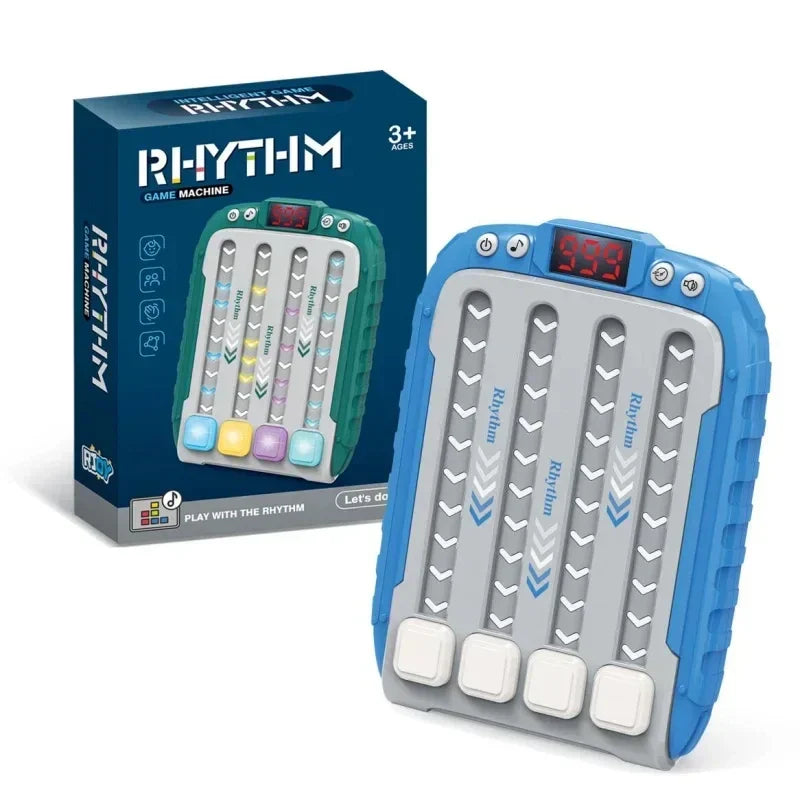 Blue and gray electronic music rhythm puzzle game machine with four colored buttons and digital display for montessori pockets travel use
