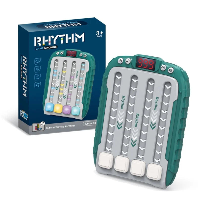 Electronic music rhythm puzzle game machine in teal and gray with colorful buttons and digital display for montessori pockets travel use