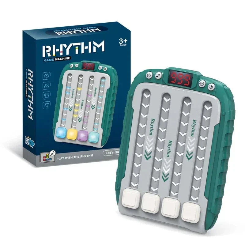 Teal and gray electronic music rhythm puzzle game machine with colorful buttons and digital display for montessori pockets travel use