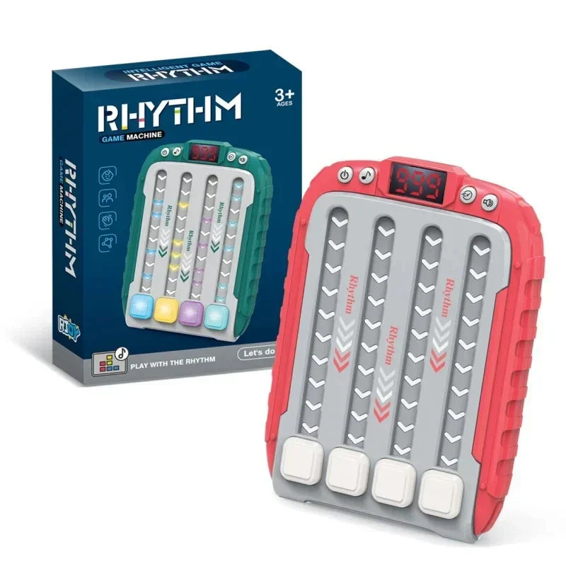 Red and gray electronic music rhythm puzzle game machine with four colored buttons and digital display for montessori pockets travel use