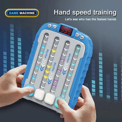 Blue and gray electronic music rhythm puzzle game machine with colorful illuminated arrow buttons for montessori pockets travel