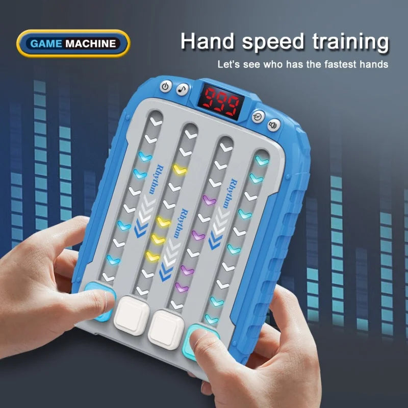 Blue and gray handheld electronic music rhythm puzzle game machine with colorful arrow buttons and digital display for montessori pockets travel use