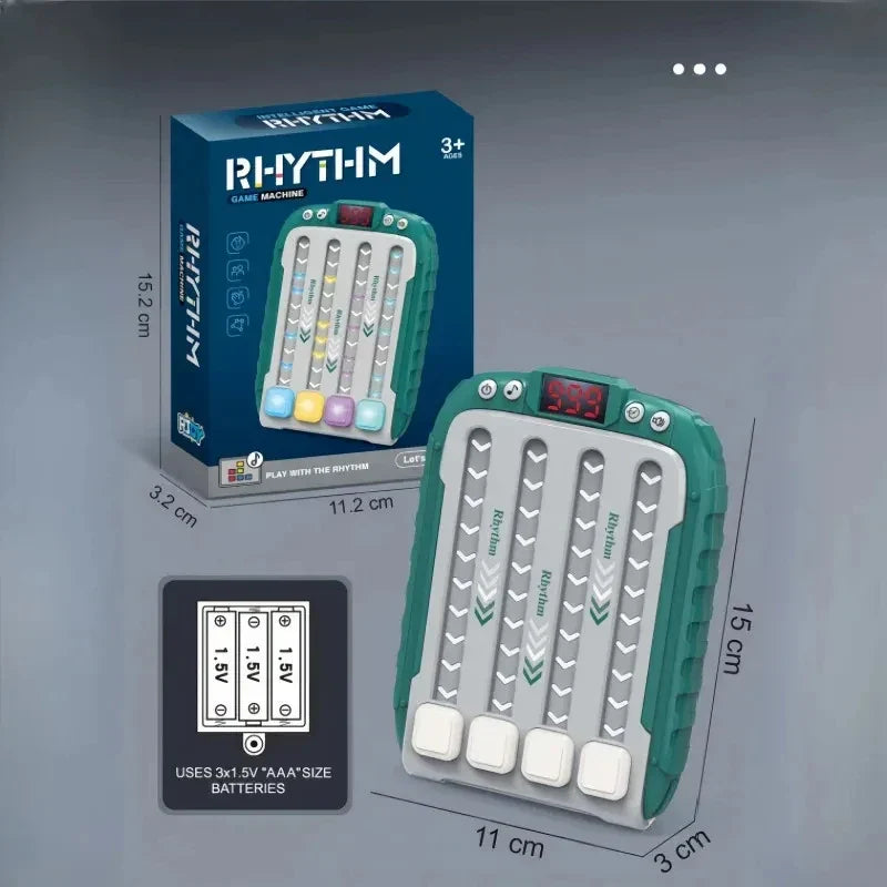 Green and gray electronic music rhythm puzzle game machine with colorful buttons and digital display for montessori pockets travel use