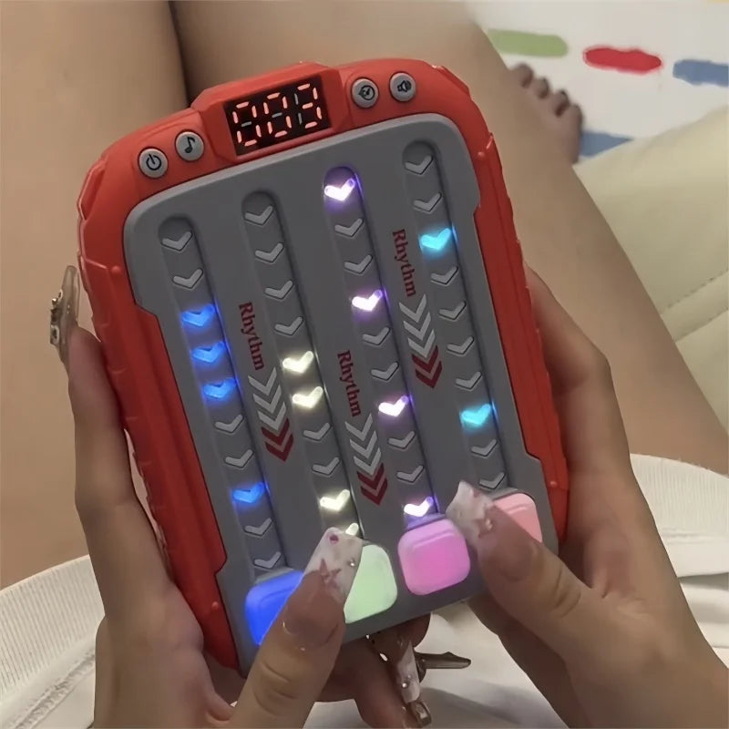 Red and gray electronic music rhythm puzzle game with illuminated buttons and led display for montessori pockets travel use