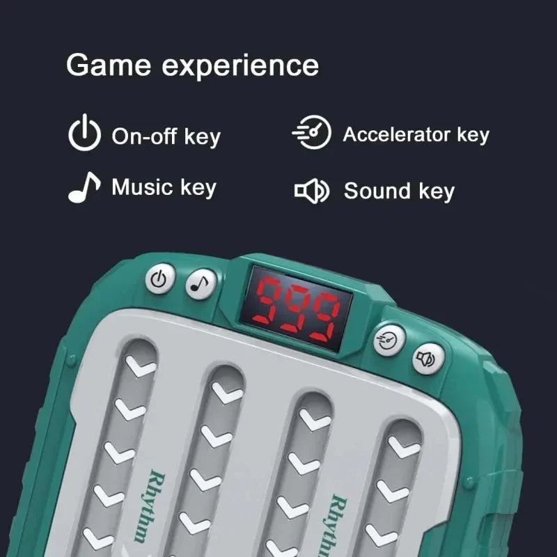 Teal and white plastic electronic music rhythm puzzle game machine with red display for montessori pockets travel use