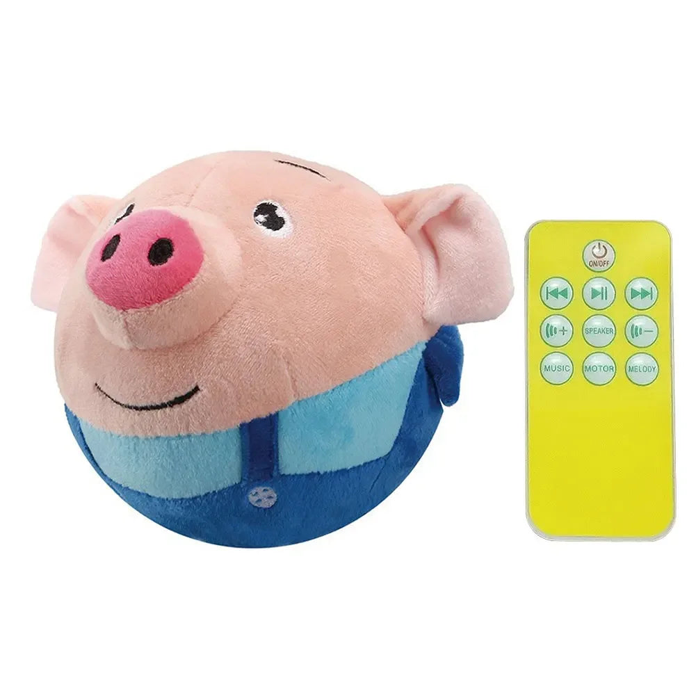 Pink plush pig-shaped electronic pet dog toy with blue overalls made of soft fabric for interactive dog play