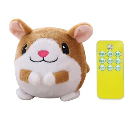 Adorable brown and white plush hamster electronic pet dog speaker with pink nose and yellow remote for interactive dog play