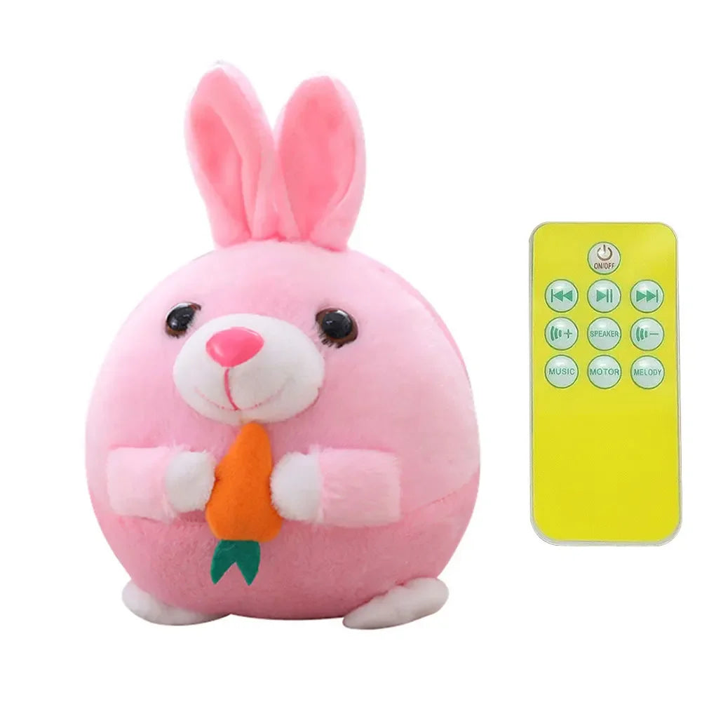 Pink plush bunny interactive dog toy with carrot and yellow remote control for active moving pet play