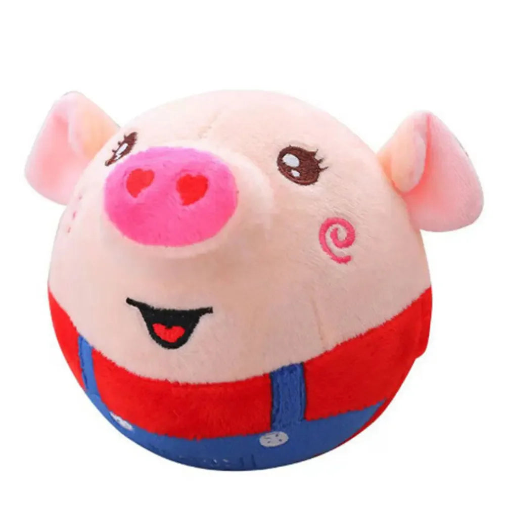 A plush pig toy with pink snout and red overalls in an interactive dog electronic pet dog active moving pet toy ball