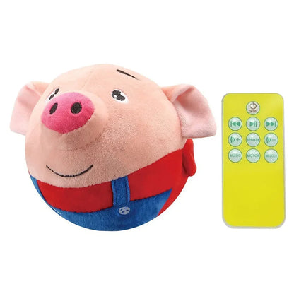 Pink plush pig toy wearing red and blue overalls as an interactive dog electronic pet dog ball with music and vibration