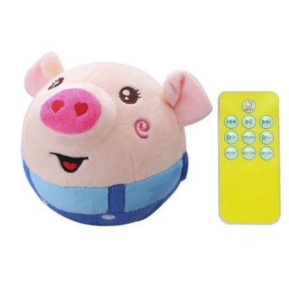 Pink plush pig-shaped electronic pet dog toy with blue outfit and embroidered face for interactive dog play