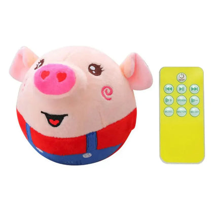 Pink plush pig toy with embroidered face wearing red shirt and blue overalls for interactive dog play and chewing