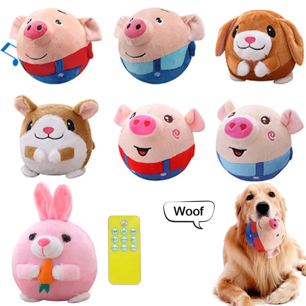 Plush electronic pet dog toys in pink brown and beige with embroidered faces and colorful outfits for interactive dog play