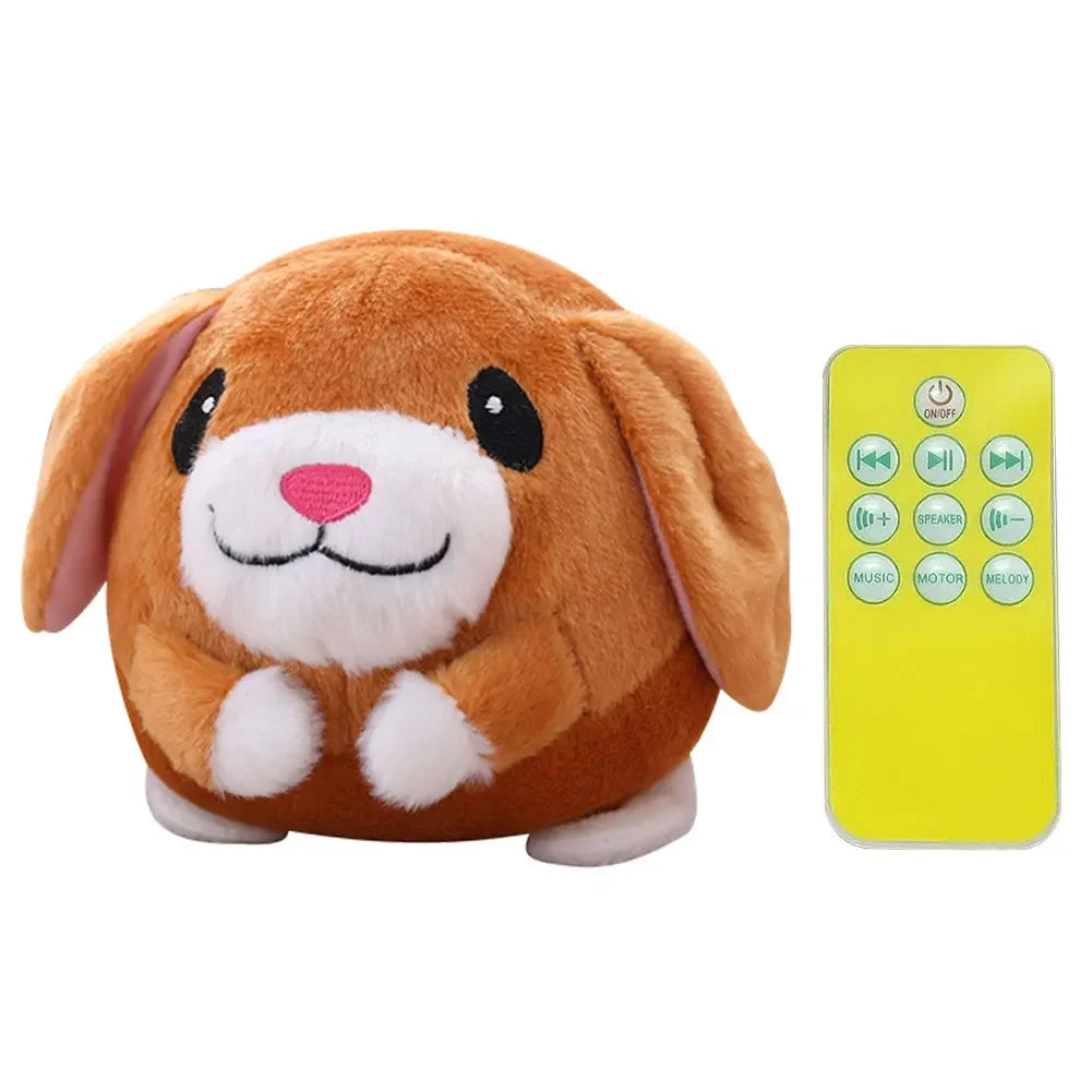 Cute brown plush bunny with white face and pink nose made of soft fabric in an electronic pet dog interactive moving toy ball