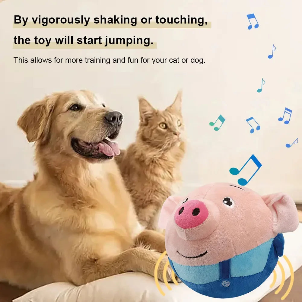 Plush pig-shaped interactive dog toy with pink snout and blue overalls for active moving pet play and chewing