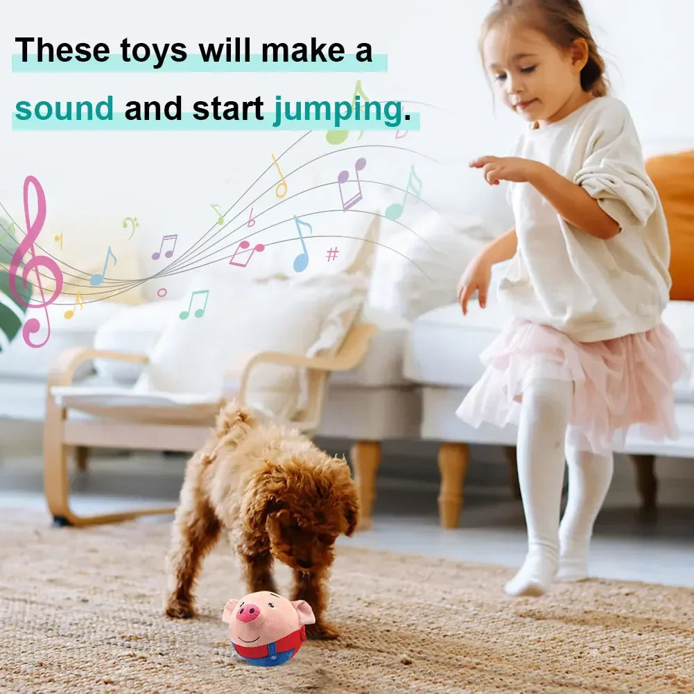 Interactive dog electronic pet dog toy ball in pink and blue pig shape with bouncing vibration and plush material