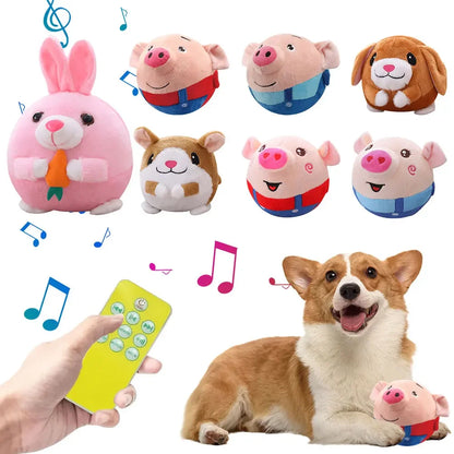 Pink plush rabbit electronic pet dog toy with carrot held in paws and musical notes for interactive dog play
