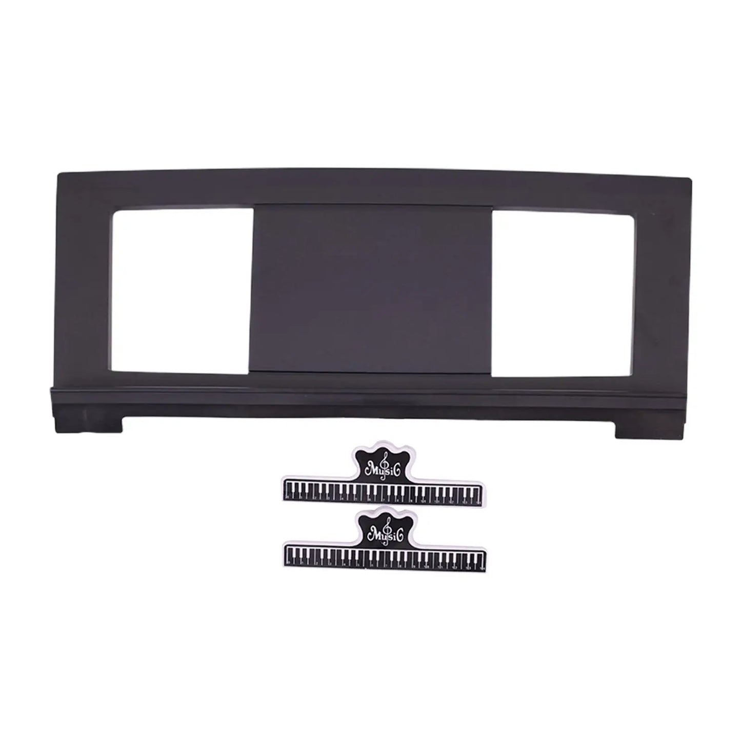 Black piano-themed electronic piano music stand frame with two cutouts and matching keyboard-shaped sheet music clips