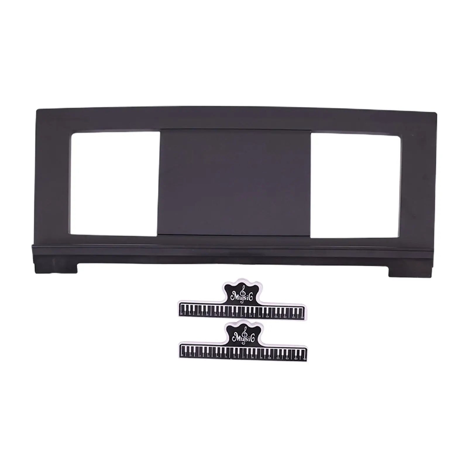 Black piano-themed electronic piano music stand frame with two cutouts and matching keyboard-shaped sheet music clips