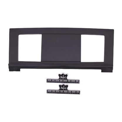 Black piano-themed electronic piano music stand frame with two cutouts and matching keyboard-shaped sheet music clips
