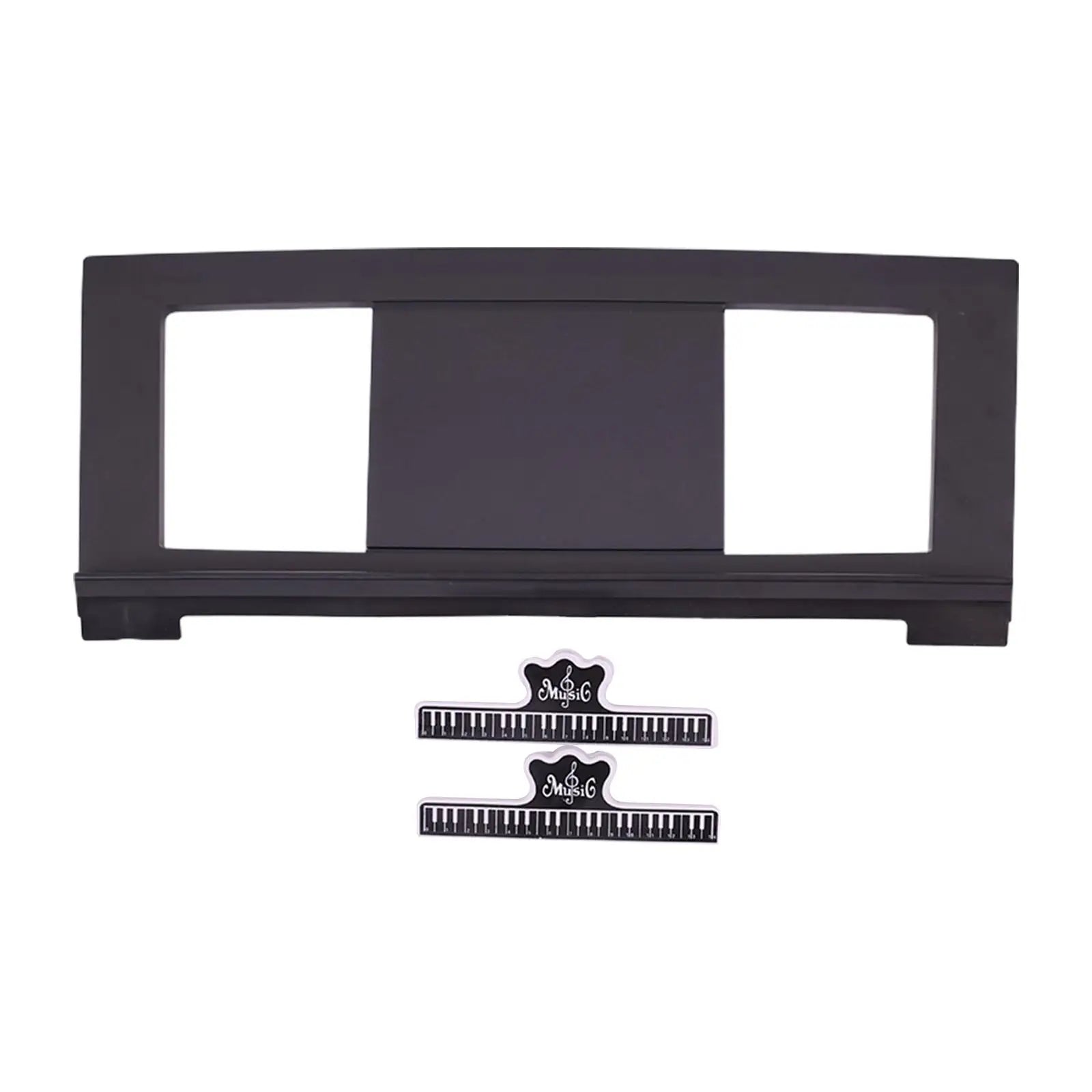 Black electronic piano music stand with two rectangular cutouts, central panel, and matching keyboard-shaped sheet music clips