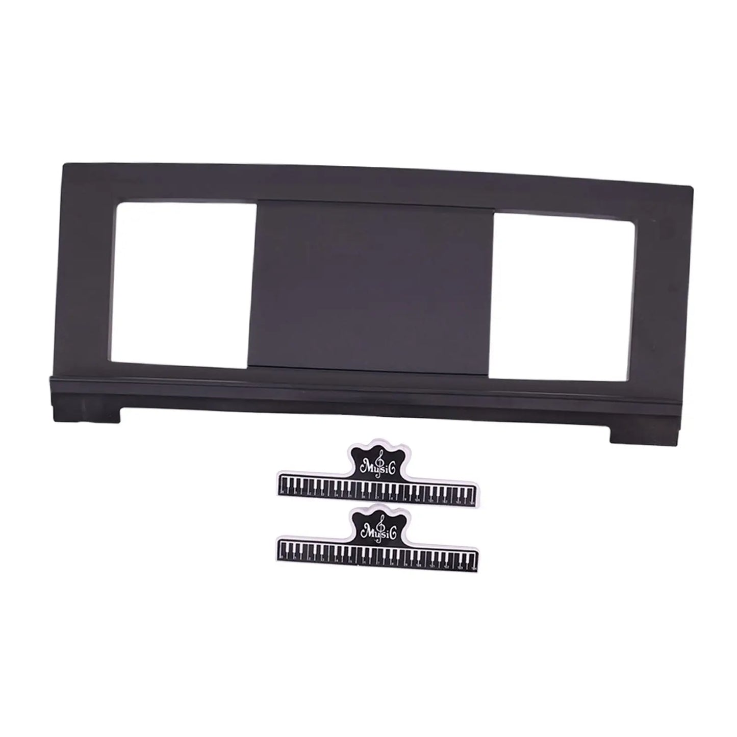 Black piano-themed electronic piano music stand with two cutouts, central panel, sheet music clips, and keyboard stickers