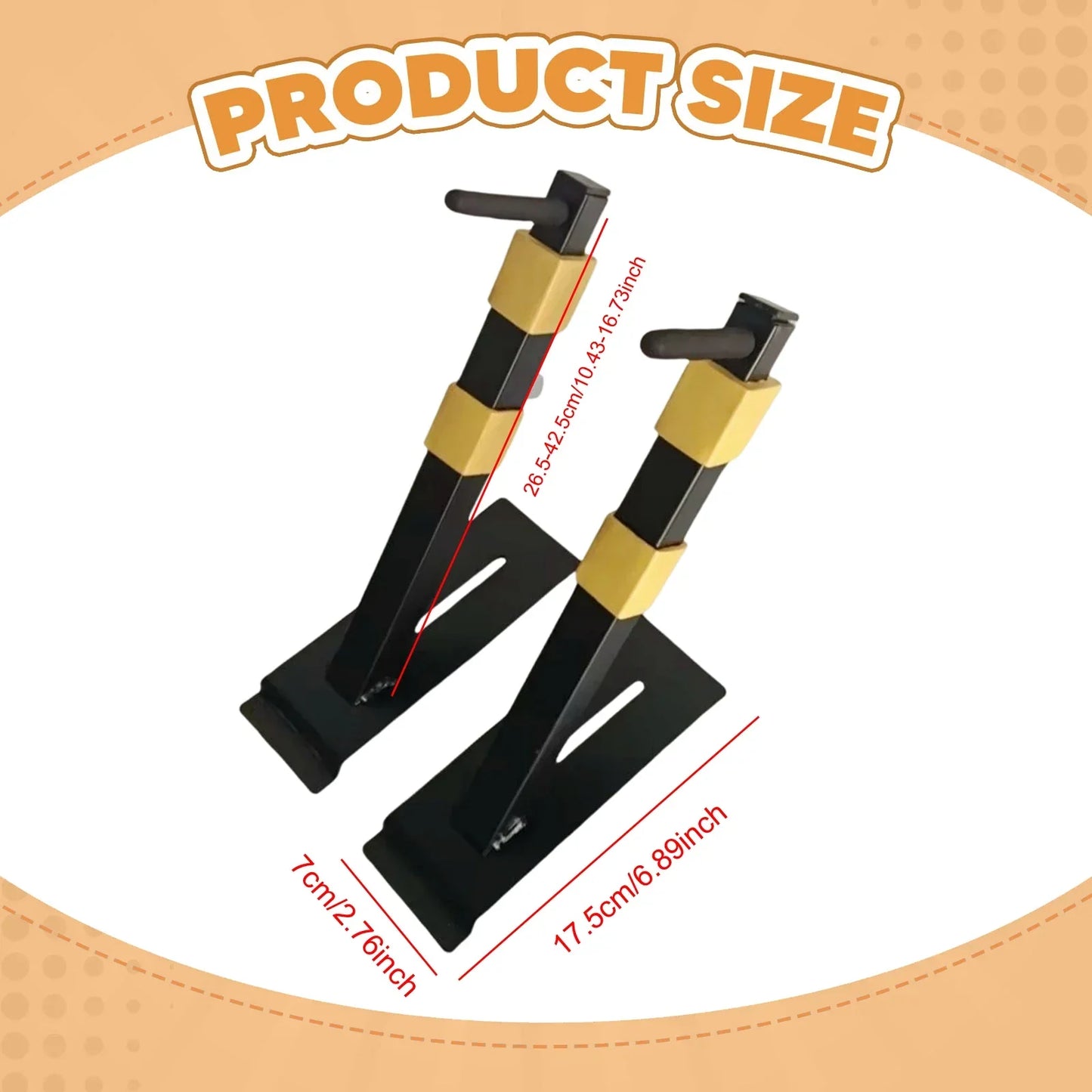 Black and gold metal wheel chocks with sturdy v-shaped design for securing vehicle wheels in electric guitar banjo storage organizer keyboard