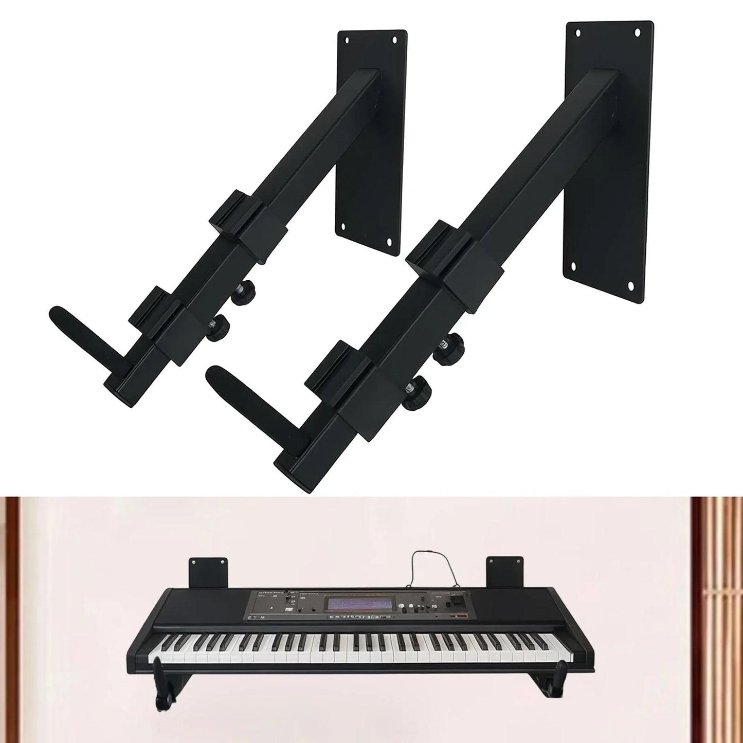 Black adjustable wall-mounted piano stand with metal frame and knobs for secure storage organizer keyboard and electric guitar banjo