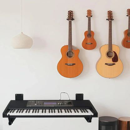 Black electronic keyboard mounted on adjustable piano stand wall mount storage organizer keyboard for electric guitar banjo