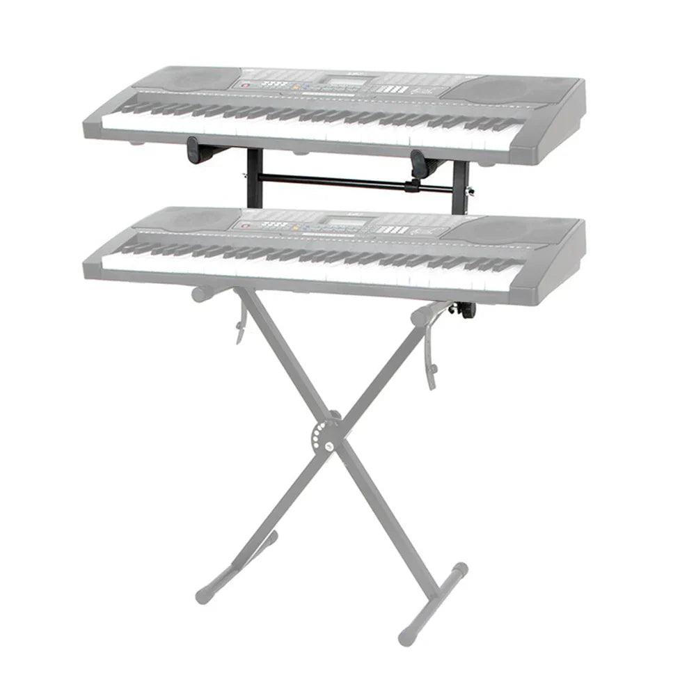 Black metal electronic piano stand riser with exquisite workmanship holding two gray keyboards in x style design