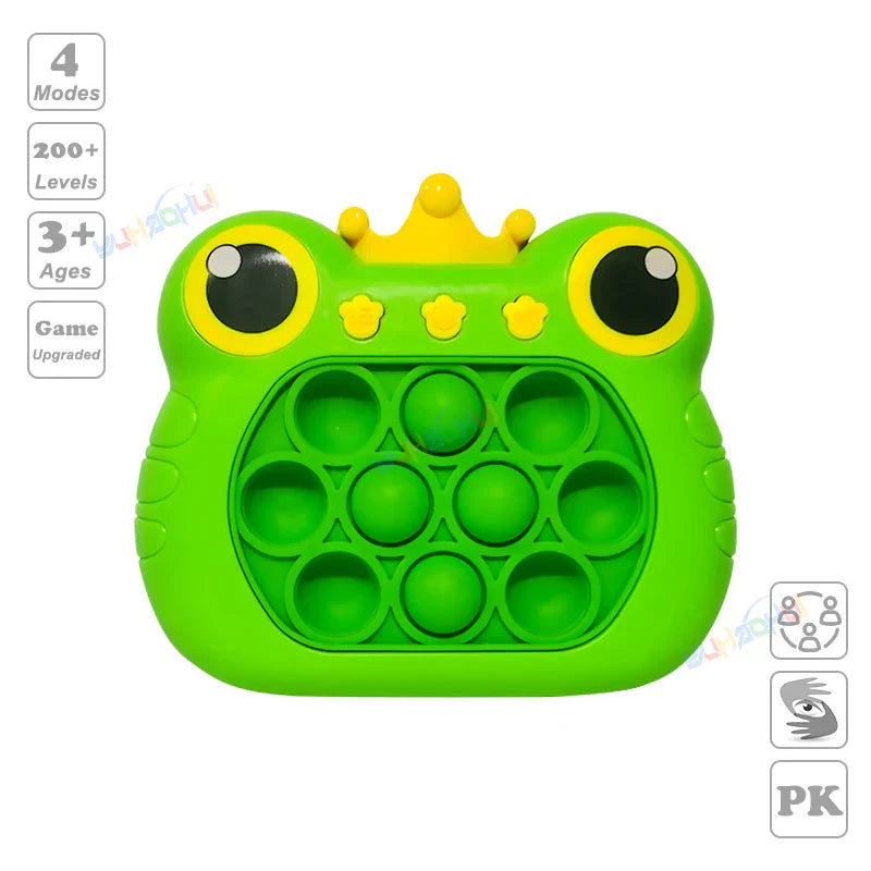 Bright green frog-shaped electronic pop light up game fidget anti stress toy with yellow crown star details for stress relief