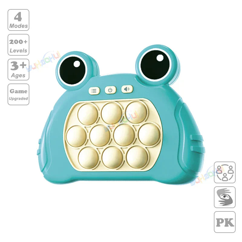 Teal frog-shaped pop-it electronic chases light game toy with beige button grid for fidget anti stress relief