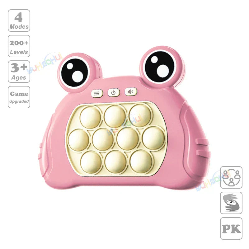 Pink plastic frog-shaped fidget anti stress pop-it toy with 12 beige bubbles for chases light game stress relief