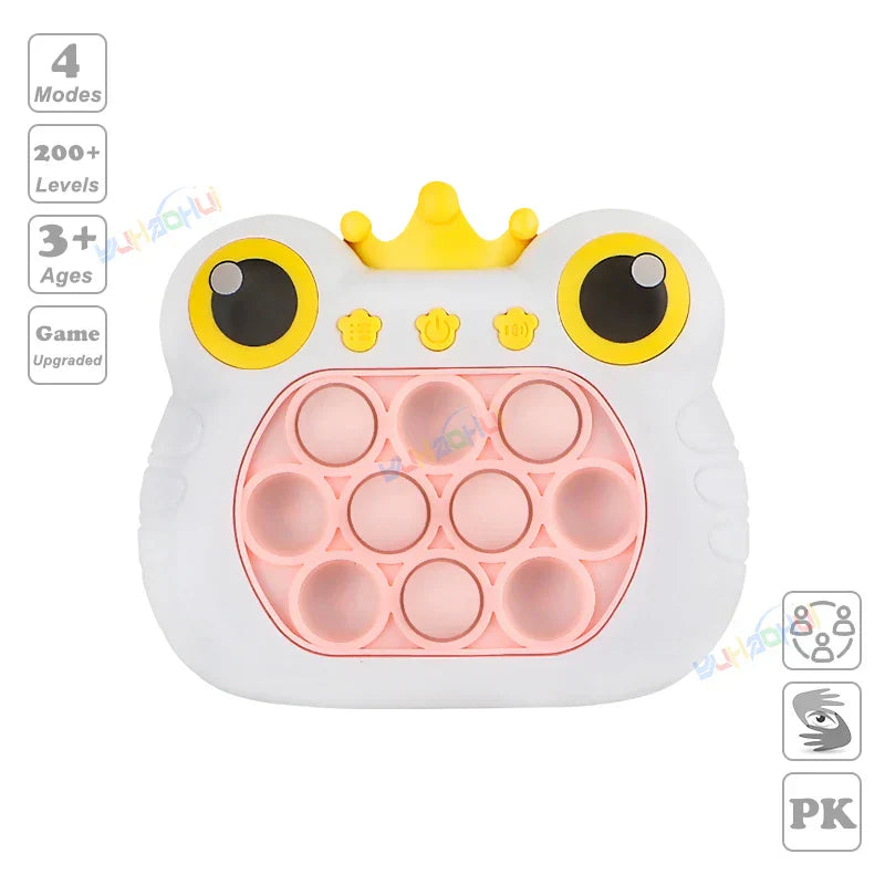 Electronic pop light up game handle toy shaped like a white and pink frog with yellow eyes for fidget anti stress relief