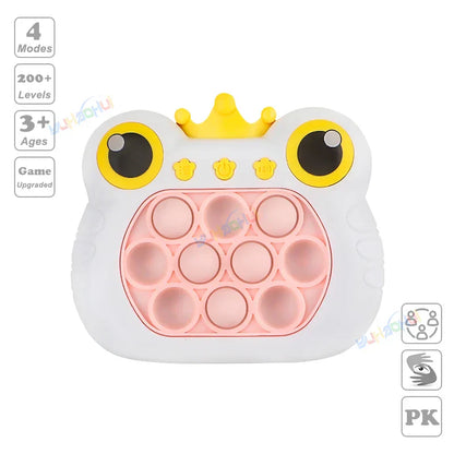Electronic pop light up game handle toy shaped like a white and pink frog with yellow eyes for fidget anti stress relief
