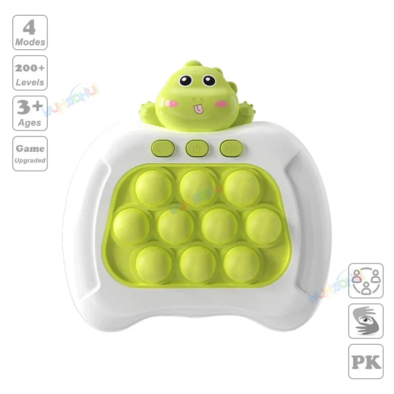 A lime green and white electronic pop light up chases light game keyboard toy with a frog for fidget anti stress relief