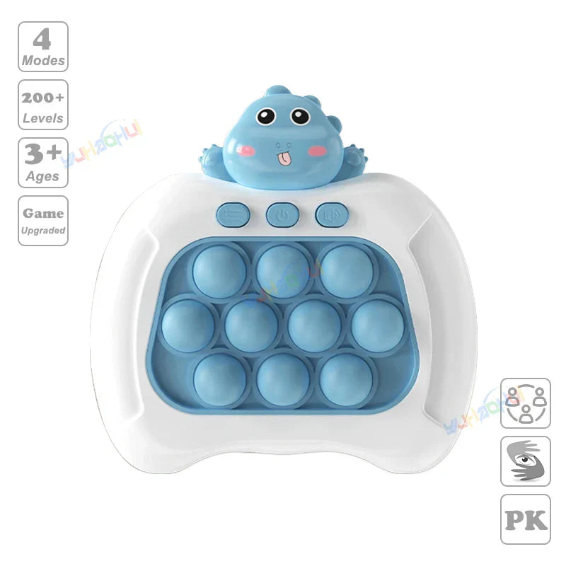 Blue dinosaur-themed electronic pop light up game handle toy with white base and silicone bubbles for fidget anti stress relief