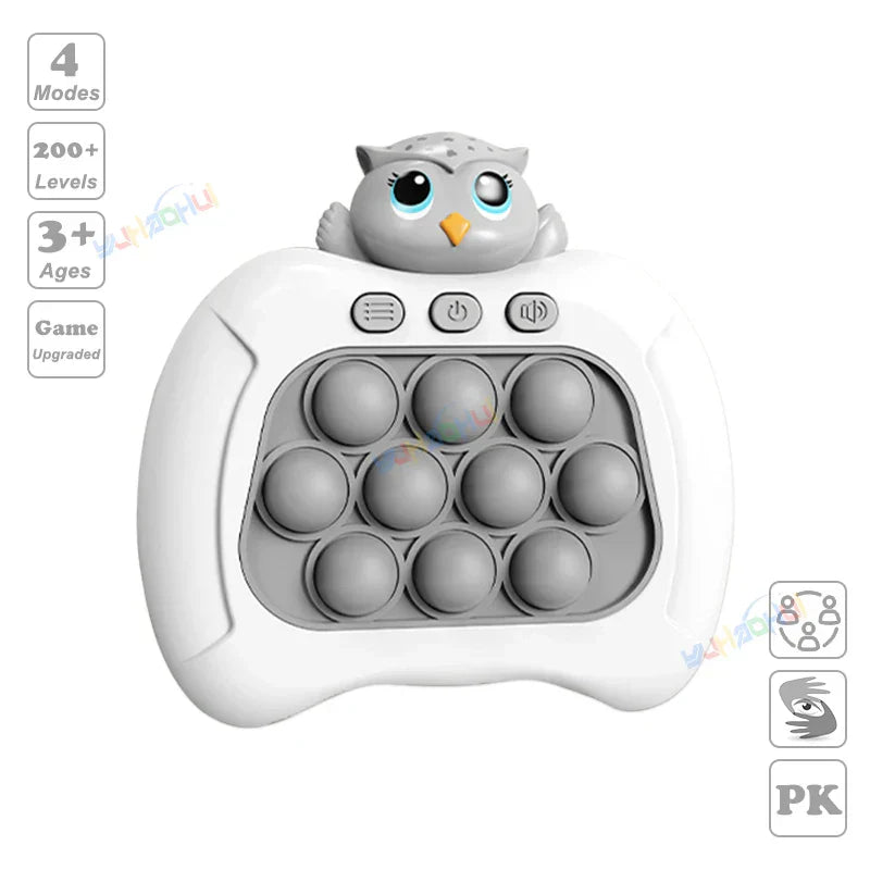 White plastic owl-themed electronic pop light up game with gray bubbles and buttons for fidget anti stress relief toys