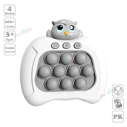 White plastic owl-themed electronic pop light up game with gray bubbles and buttons for fidget anti stress relief toys