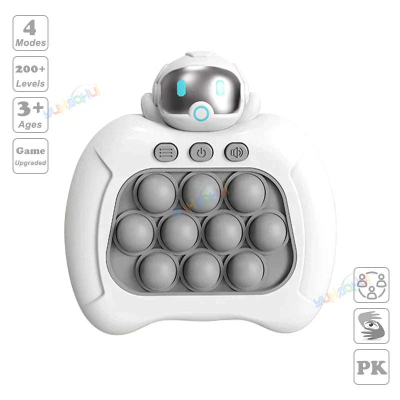 White astronaut-themed pop-it fidget anti stress toy with gray buttons and glowing blue led eyes for chases light game play