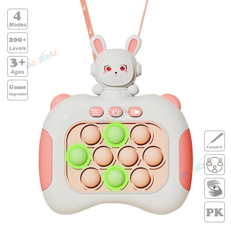 Electronic pop light up chases light game handle toy in white and pink with glowing green buttons for fidget anti stress relief
