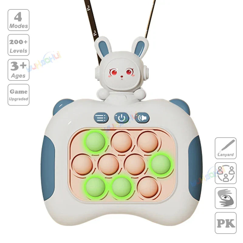 White and blue bunny-themed electronic pop light up game controller with green illuminated buttons for fidget anti stress relief toys