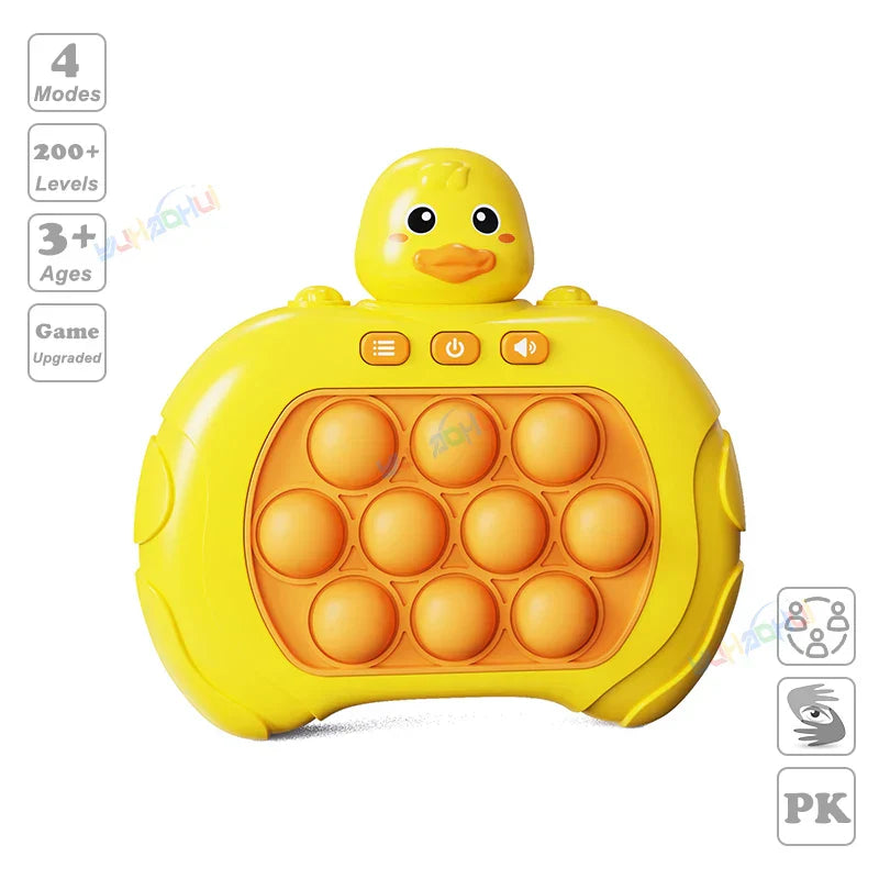 Yellow duck-shaped electronic pop light up game toy with orange buttons for fidget anti stress relief and chases light game